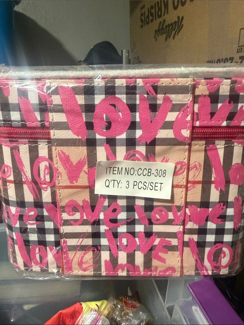 Pink Plaid 'Love' Pattern Women’s Tote Bag